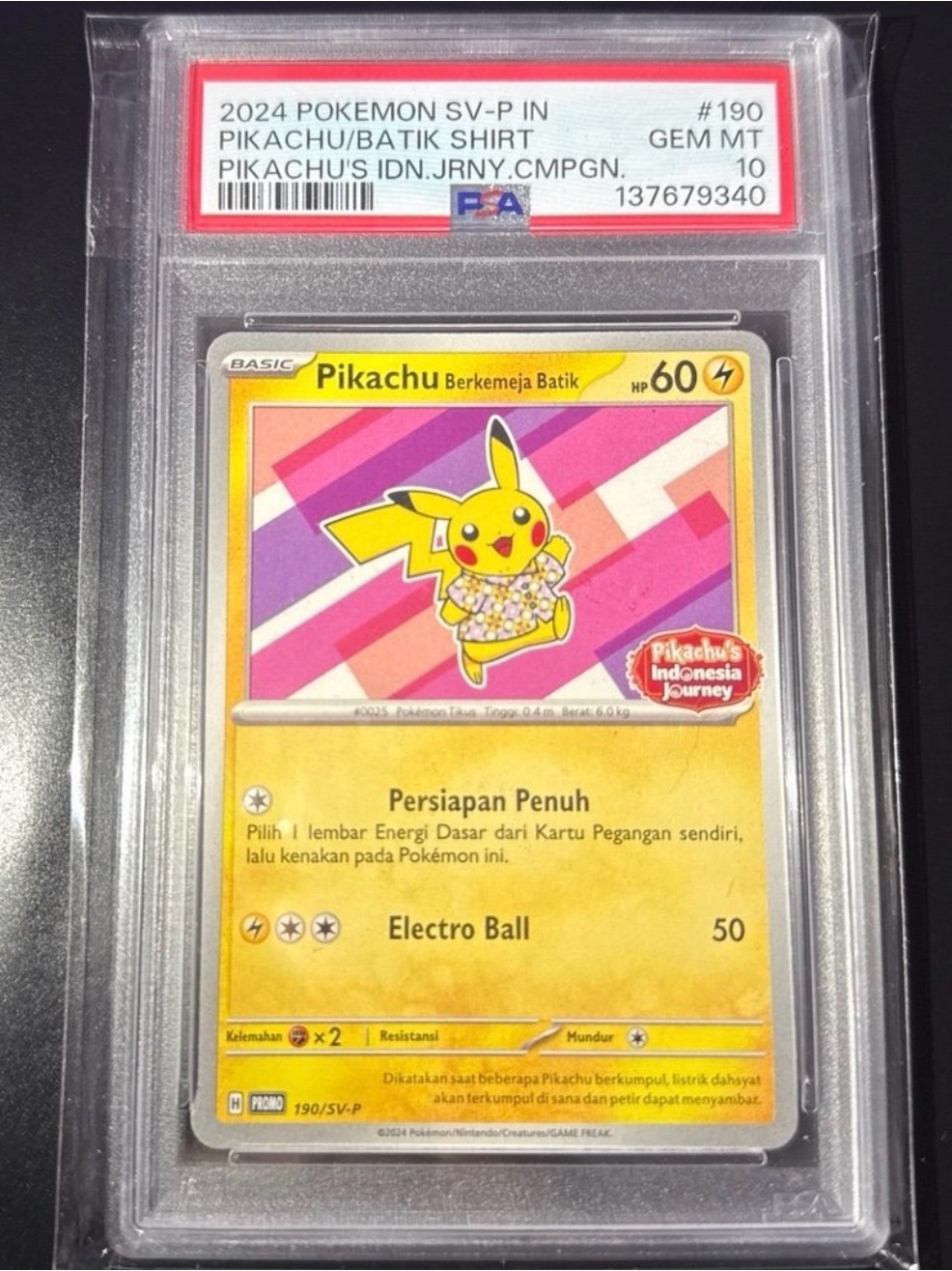 Psa 10 Pikachu Batik Shirt Indonesian #190 Campaign Journey Stamped 2024